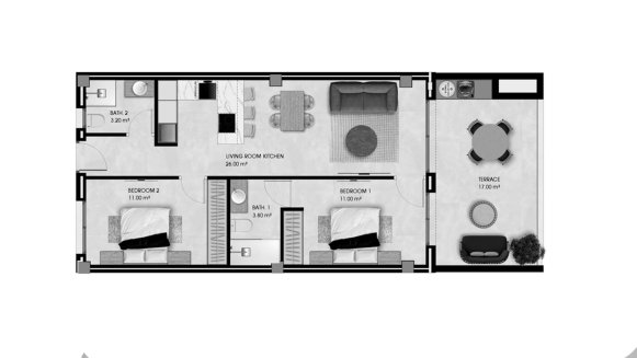 Планировка квартиры 2 спальни в ЖК Pinet Beach II № 4 (2D)