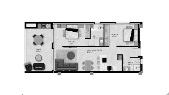 Apartment floor plan, 2 bedrooms in Pinet Beach II No. 5 (2D)